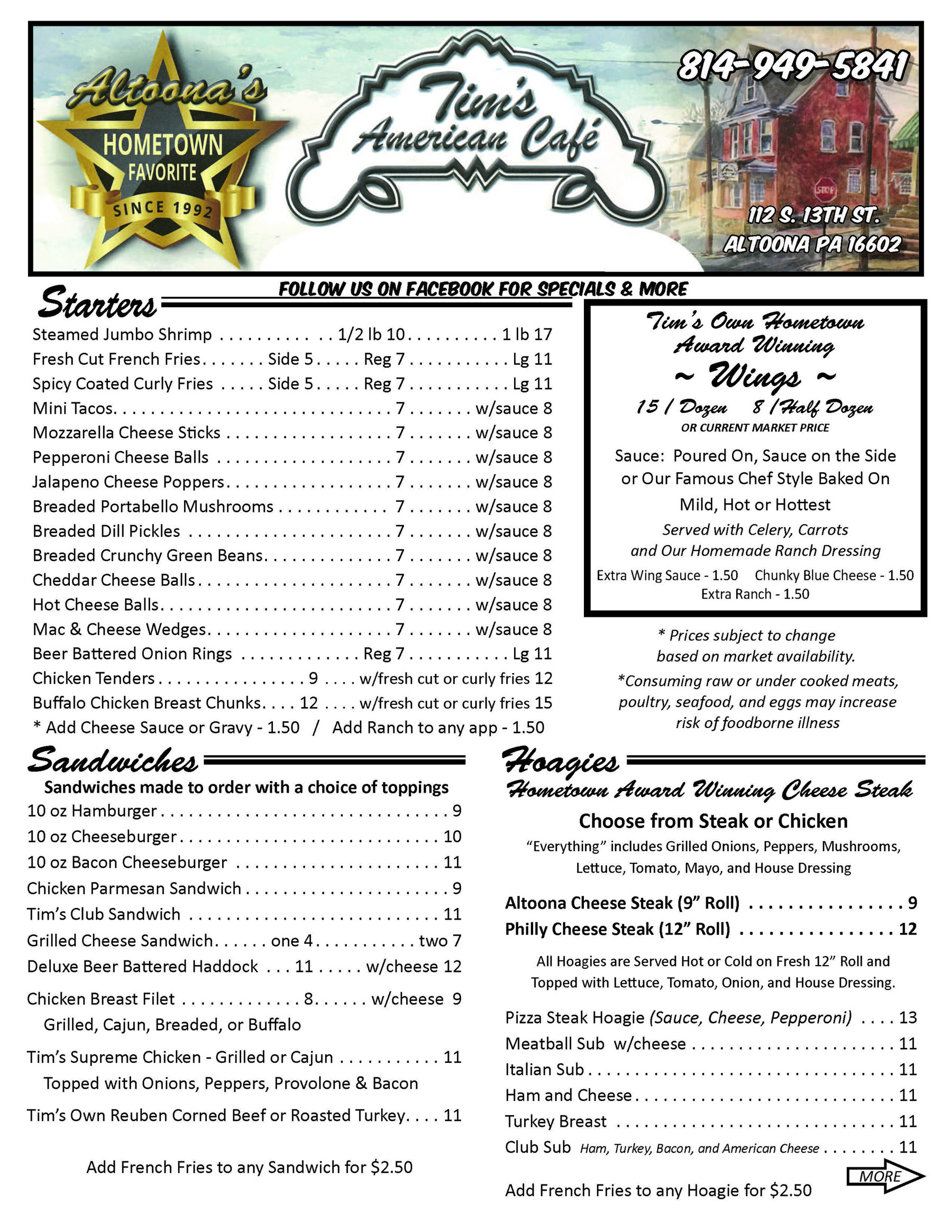 Tim's American Cafe Menu P1